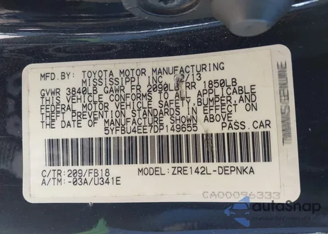 2013 Toyota Corolla Le from USA, damaged, VIN 5YFBU4EE7DP149655